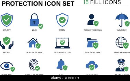 Protection Icon Set – Security, Data Protection, Cyber Safety, Insurance and Shield Vector Fill Icons Collection Stock Vector