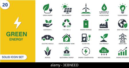 Green Energy Icon Set – Renewable, Solar, Wind, Eco Friendly, Sustainability and Clean Power Vector Solid Icons Stock Vector