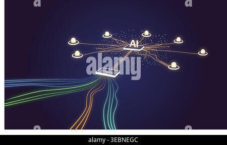 Artificial Intelligence Network Background – Data Flow, Machine Learning System, Neural Connections and Digital Technology Concept Stock Vector