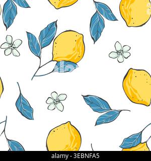 Vibrant seamless pattern featuring yellow lemons, citrus slices, white flowers and blue botanical leaves on white background. Ideal for Mediterranean Stock Photo