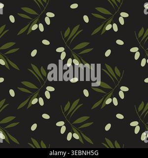 pattern of hand-drawn olive branches and green olives on black background for premium olive oil packaging, mediterranean restaurant decor and luxury k Stock Vector