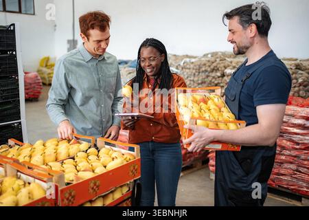 Diverse team of workers checking quality of fresh pears in a fruit distribution warehouse Stock Photo
