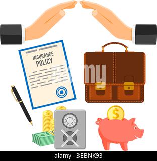 Business Insurance Concept for Poster, Web Site, Advertising like Umbrella, Policy, Money and Briefcase. Stock Vector