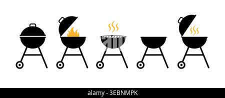Grill bbq icon vector pictogram fire symbol. Grill barbecue roaster party smoke cook logo icon Stock Vector