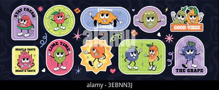 Groovy retro labels with fruit characters in trendy style. Cartoon cute summer sticker set, funky comic doodle orange, lemon, apple, watermelon with expressive faces. Emblem collection of healthy food Stock Vector