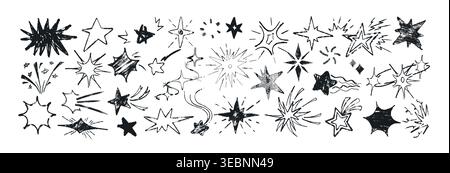Hand drawn black crayon star shapes, holiday firework. Vector doodle sparks, celebration explosion, childish chalk pencil design elements. Shooting comets, sketch sparkle icons in grunge texture style Stock Vector