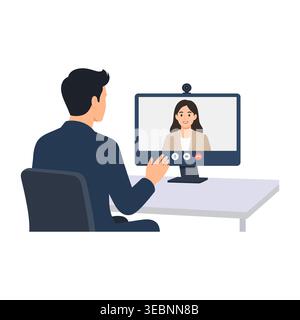 A flat vector illustration of a businessman sitting at a desk and communicating with a professional woman via a video call on a desktop computer. Stock Vector