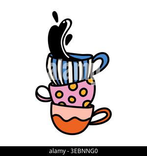 Stacked coffee cups doodle with splash cute hand drawn vector isolated on white Stock Vector