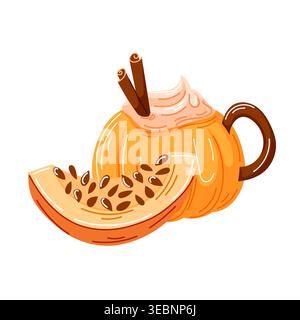 Pumpkin spice latte in a coffee cup made of pumpkin with cinnamon stick and a slice of pumpkin in cartoon style. Autumn season food and drink. Vector Stock Vector