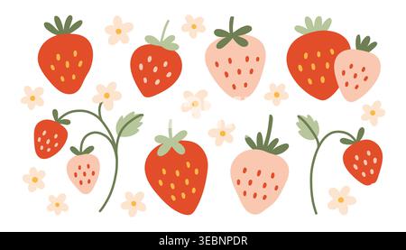 Set of hand drawn strawberry fruit icons with blossoms and leaves. Minimalist organic garden berry doodles for summer design. Flat vector illustration Stock Vector
