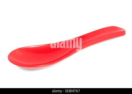 Red plastic spoon lying on white background Stock Photo