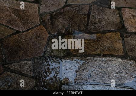 Wet Stone Pavement Texture with Rain Puddles Stock Photo