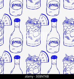 Blue ink-style pattern shows bottles and glasses with lime wedges and mint. Refreshing beverage icons repeat on light background. Ideal for summer the Stock Vector