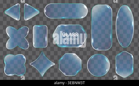 Set of transparent glass morphs with smooth edges and rounded corners. Glass shapes vary: oval, circular, diamond, cross, and rectangular. Each piece Stock Vector