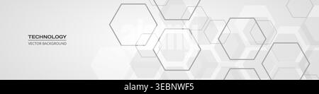 Light gray hexagon technology abstract background soft gradient minimalist honeycomb pattern with subtle hex outlines and faint nodes. Wide tech Stock Vector