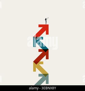 Business growth vector concept. Businesswoman standing on top of zigzag arrows. Career success, vision and opportunity. Minimal eps10 illustration and Stock Vector
