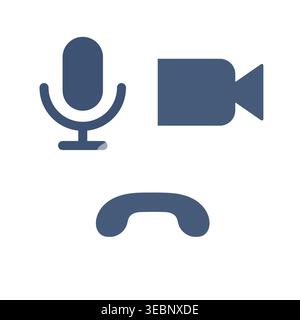 A clean set of minimalist video call icons, including a microphone, video camera, and hang-up button, perfect for web interfaces and mobile app design. Stock Vector