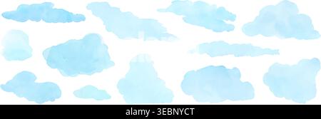 Soft blue watercolor clouds float across white vector illustration set, perfect for dreamy sky design Stock Vector