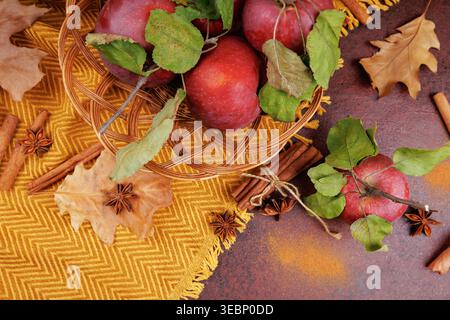 Autumn Flatlay with Apples and Spices Stock Photo