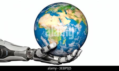 Robot Hand Holding Earth – AI: Opportunity or Risk Stock Photo