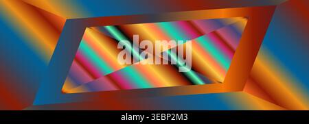 Framed diagonal chromatic ribbon window, geometric gradient abstract background with floating orange bezel, layered teal planes, reflective stripe Stock Vector