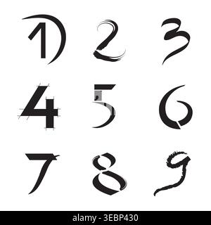 Set of Icons and Logo Elements Numbers Digits 1 to 9 - Black and White Colors Vector Stock Vector