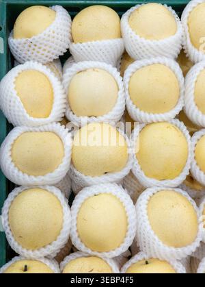 Close-up view of fresh, ripe, sweet yellow Asian pears neatly stacked on a market display. Perfect for healthy diet, agriculture, and fresh fruit conc Stock Photo