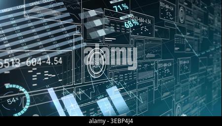Displaying hologram dashboard floating in analytics space, showing panels, gauges, charts Stock Photo