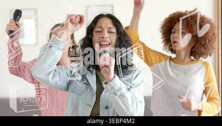Singing center woman holding mic wearing denim jacket, friends with mics on couch, white doodles Stock Photo