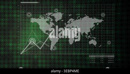 Displaying gridded panel showing dotted world map and rising chart on green field with targets Stock Photo