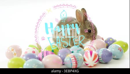 Snuggling brown rabbit among pastel eggs on white studio backdrop, Happy Easter graphic, copy space Stock Photo
