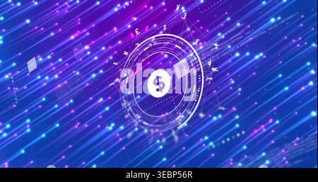 Displaying fintech HUD pulsing with dollar sign, concentric rings, code panels in virtual network Stock Photo