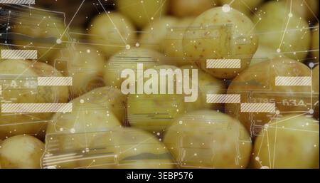 Displaying cluster of baby potatoes at market bin, showing network lines and translucent UI panels Stock Photo