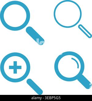 Magnifying glass icon. Set of four simple blue magnifier isolated on transparent background Stock Vector