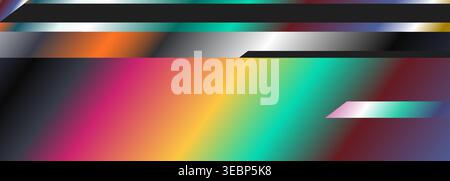 Vibrant diagonal rainbow gradient sweep, geometric gradation abstract background with sleek metallic bars, glossy highlights, subtle noise and dark Stock Vector