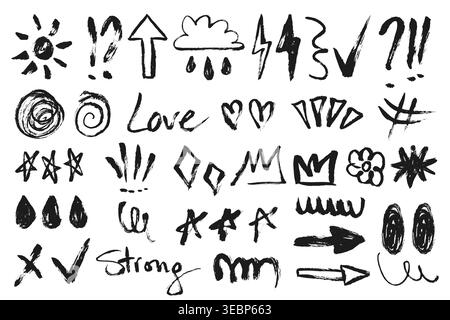 Grunge Scribble Elements Set. Hand drawn grungy doodle elements collection. Sketch brush stroke underline shapes. Chalk decorative highlight vector Stock Vector