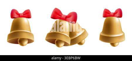 3D gold school bell icon, Christmas holly jingle. Clock notification decoration, wedding holiday ring. Last reminder alert, glossy alarm notice Stock Vector
