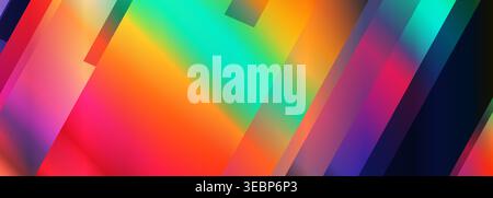 Bold layered color blocks collide, geometric gradient abstract background with oversized diagonal panels, translucent overlays, neon streaks, glass Stock Vector