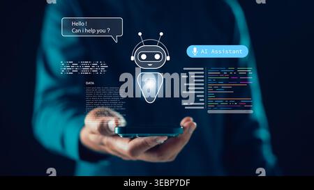virtual ai assistant chatbot code interface artificial intelligence automation system provides smart digital support, person holds mobile phone while Stock Photo