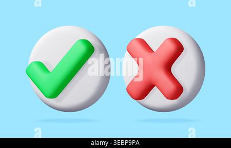 3D Green check mark and red cross mark on white circle buttons. Yes or no choice. Concept of task completion, decision making, voting and survey optio Stock Vector