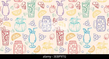 Vintage-style summer print with cocktails. Hand-drawn summer refreshing drinks with strawberries, blueberries, cherries, lemon and orange slices Stock Vector