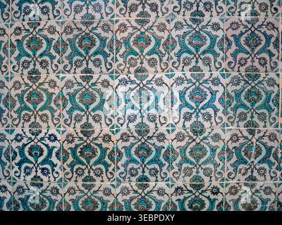 Intricate blue and white Iznik ceramic tiles with traditional floral patterns and geometric designs from the historic Topkapi Palace in Istanbul Stock Photo
