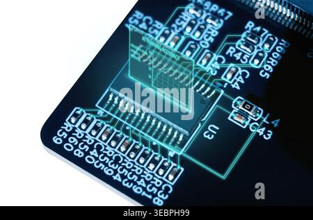 Computer chip on a dark circuit board displaying ai training accuracy data and digital connections, representing machine learning. Isolated Stock Photo