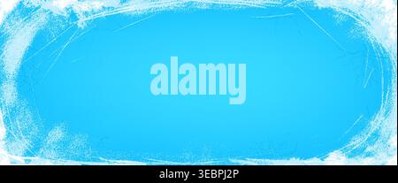 Ice window texture with crack lines and snow overlay on sky blue background. Worn scratch effect on cold rink frame with icy pond grunge border. Glaci Stock Vector
