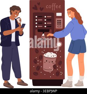 Young man and woman drink cappuccino near vending machine. Coffee break for rest. Caffeine beverage automatic dispenser. Couple buying latte mugs. Off Stock Vector