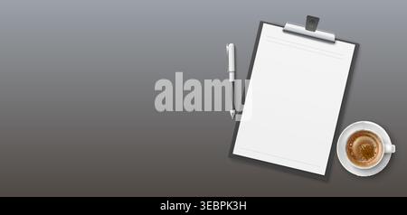 Realistic banner with tablet. Blank white sheet of paper at clipboard. Pen for writing. Cappuccino ceramic mug with saucer. Office stationery top view Stock Vector