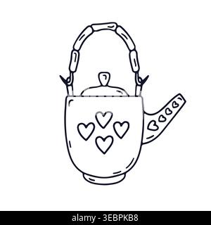 Hand drawn black line art doodle ceramic Chinese tea pot with hearts icon vector illustration Stock Vector