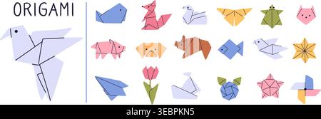 Origami animals. Asian art. Japanese traditional hobby. Pets muzzle. Dove birds. Creative fish and mammals. Handmade geometric flower. Polygonal star. Stock Vector