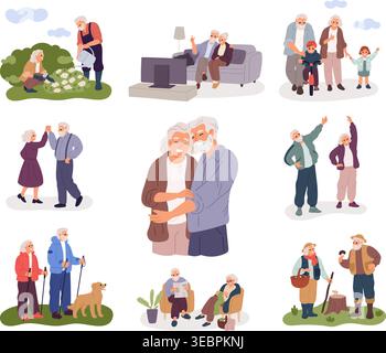 Modern senior couples. Hobbies for elderlies. Active lifestyles. Older men and women taking walks, relaxing, and gardening. Grandparents playing and Stock Vector