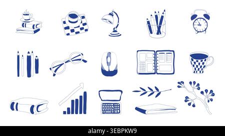 Business productivity icons set with planner, notebook, coffee, alarm clock, desk lamp, keyboard and growth chart, hand drawn mediterranean style, clean line collection Stock Vector